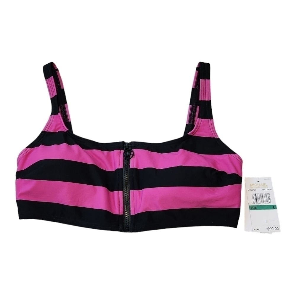Michael Kors NWT $90 Women's Zip Front Pink and Black Striped Bikini Top Large - Picture 3 of 10